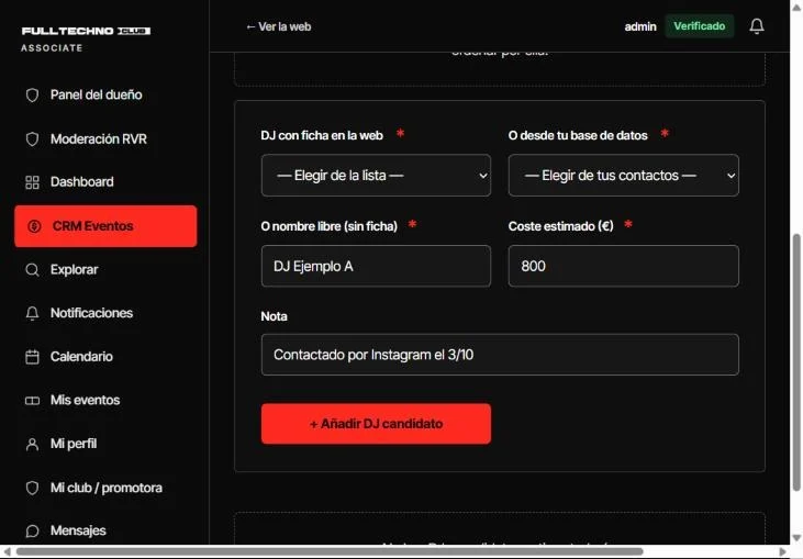 Pantalla real de Associate: formulario para añadir un DJ candidato con su caché estimado