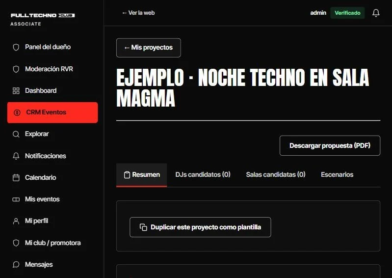Pantalla real de Associate: botón para descargar la propuesta del evento en PDF