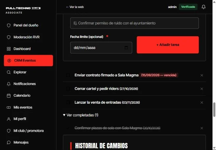 Pantalla real de Associate: checklist de tareas con fecha límite, una de ellas vencida