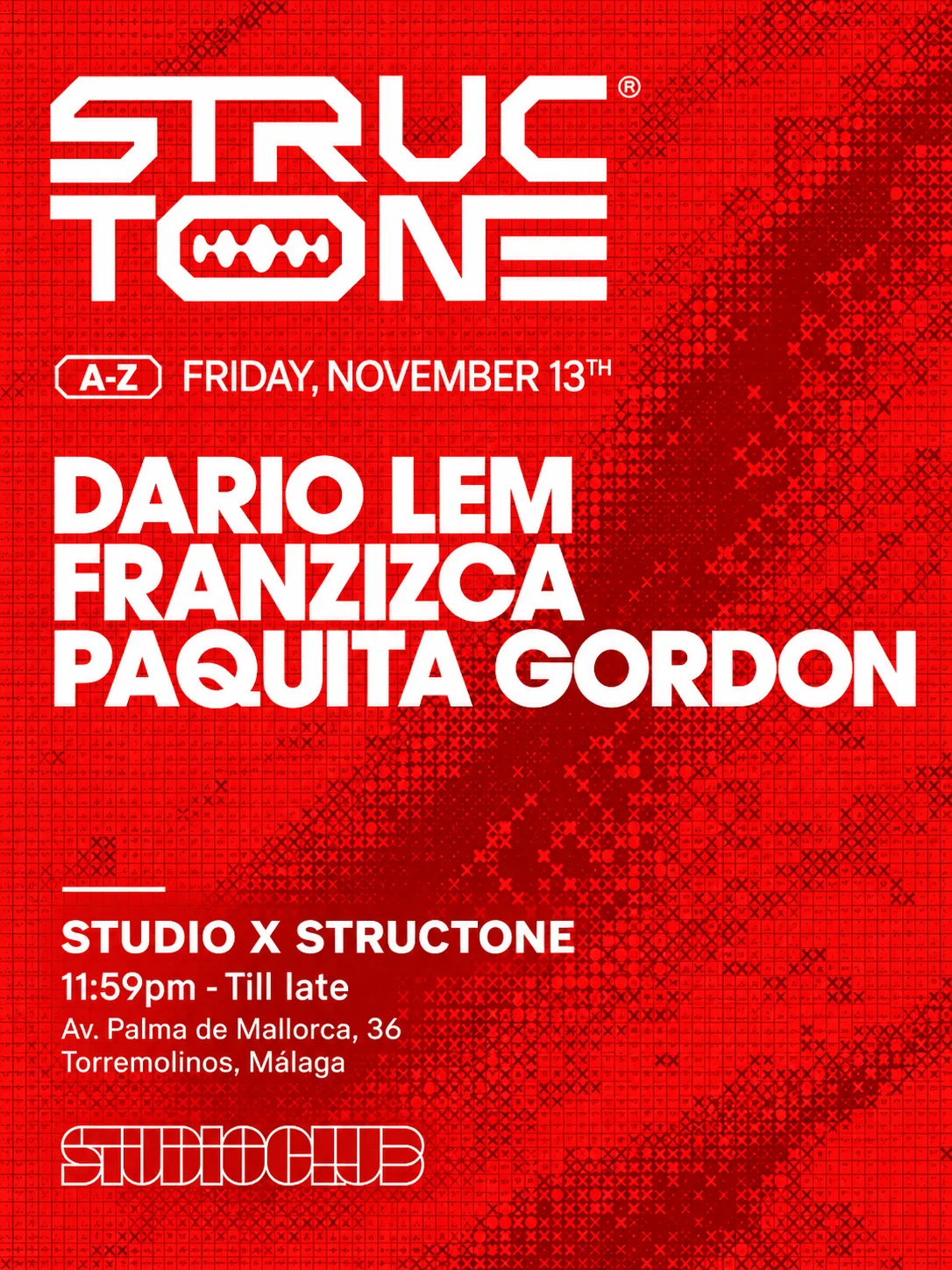 Cartel de STUDIO X STRUCTONE: 13 de noviembre de 2026 en Studio Club, Torremolinos con Structone