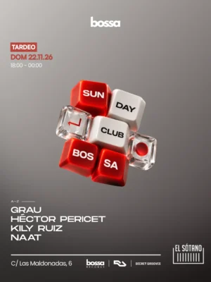 Cartel de BOSSA TARDEO: GRAU, HÉCTOR PERICET, KILY RUIZ, NAAT: 22 de noviembre de 2026 en Madrid con Grau y Héctor Pericet