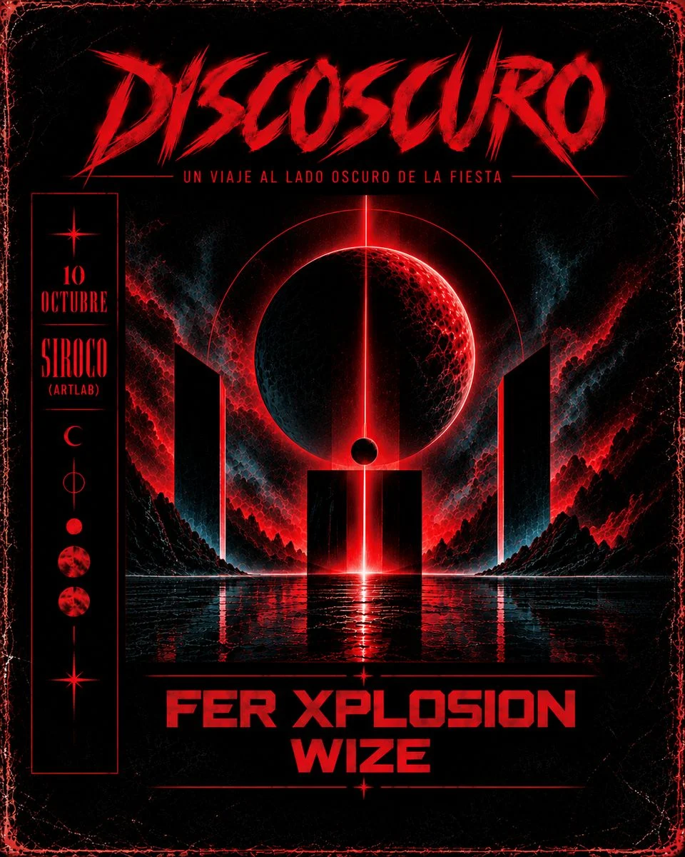 Cartel de DISCOSCURO: 10 de octubre de 2026 en Sala Siroco, Madrid con Fer Xplosion