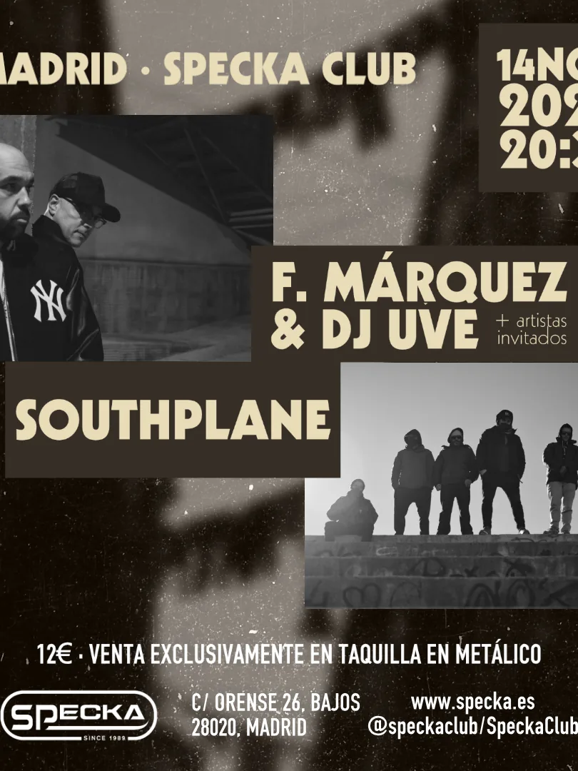 Cartel de DJ UVE + F. MÁRQUEZ PRESENTANDO ROPA VIEJA & SOUTHPLANE: 14 de noviembre de 2026 en Madrid