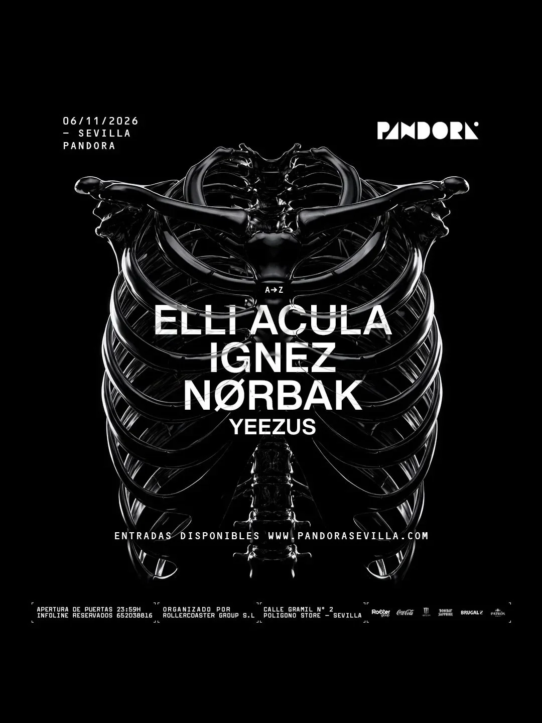 Cartel ELLI ACULA, IGNEZ Y NØRBAK / 6 de noviembre / Pandora, Sevilla