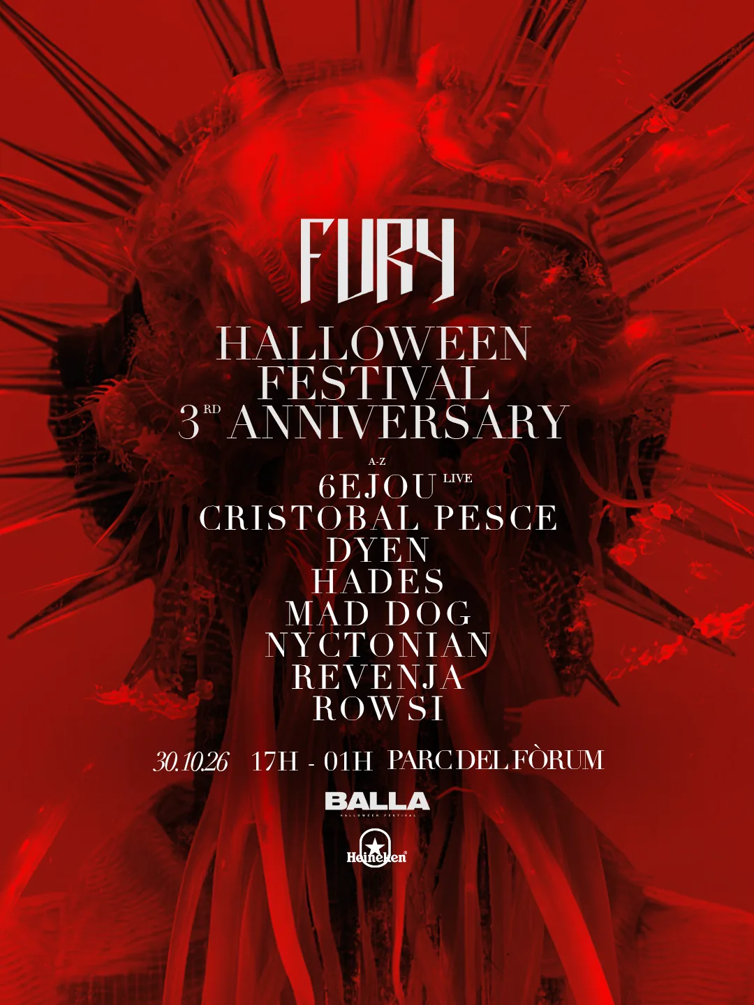 Cartel de FURY 3RD ANNIVERSARY [DAY 1] X HALLOWEEN [BALLA BARCELONA FESTIVAL]: 30 de octubre de 2026 en Barcelona