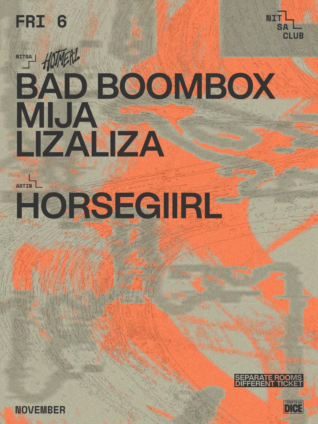 Cartel de HOT MEAL RECORDS: BAD BOOMBOX · MIJA · LIZALIZA: 6 de noviembre de 2026 en 6 de noviembre con Bad Boombox