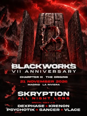 Cartel de Blackworks VII Anniversary con Skryption all night long, 21 de noviembre en La Riviera, Madrid