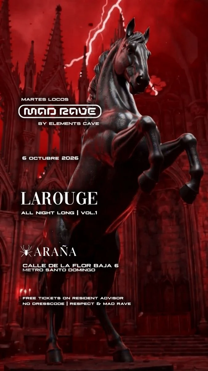 Cartel de MAD RAVE – LAROUGE ANL BY ELEMENTS CAVE: 6 de octubre de 2026 en Araña Club, Madrid