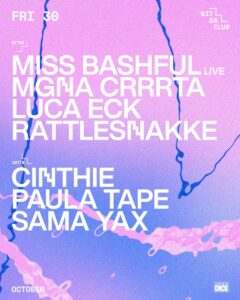 Cartel de MISS BASHFUL LIVE · MGNA CRRRTA · LUCA ECK · RATTLESNAKKE: 30 de octubre de 2026 en 30 de octubre