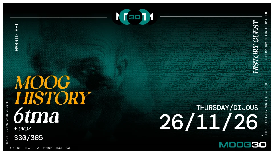 Cartel de MOOG HISTORY: 6TMA + UROZ: 26 de noviembre de 2026 en Barcelona con Uroz