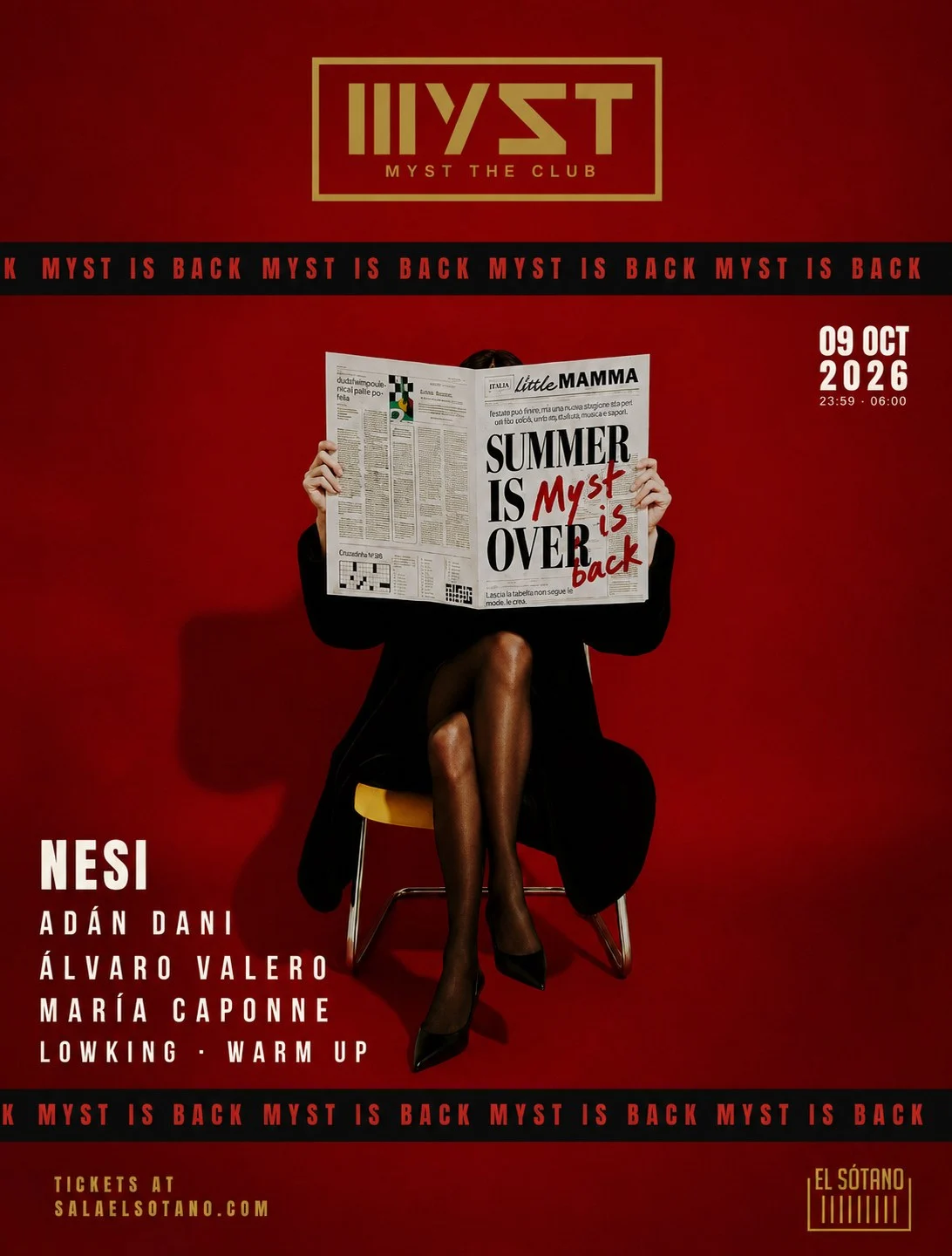 Cartel de MYST: NESI, ADÁN DANI, ÁLVARO VALERO, MARÍA CAPONNE, LOWKING: 9 de octubre de 2026 en El Sótano, Madrid