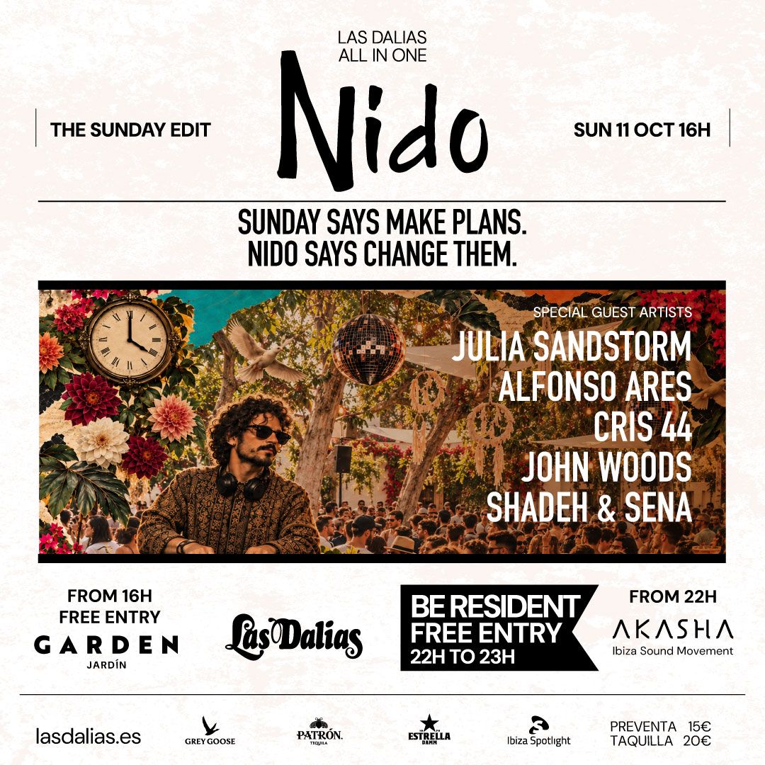 Cartel de NIDO: 11 de octubre de 2026 en Akasha Las Dalias Club, Ibiza