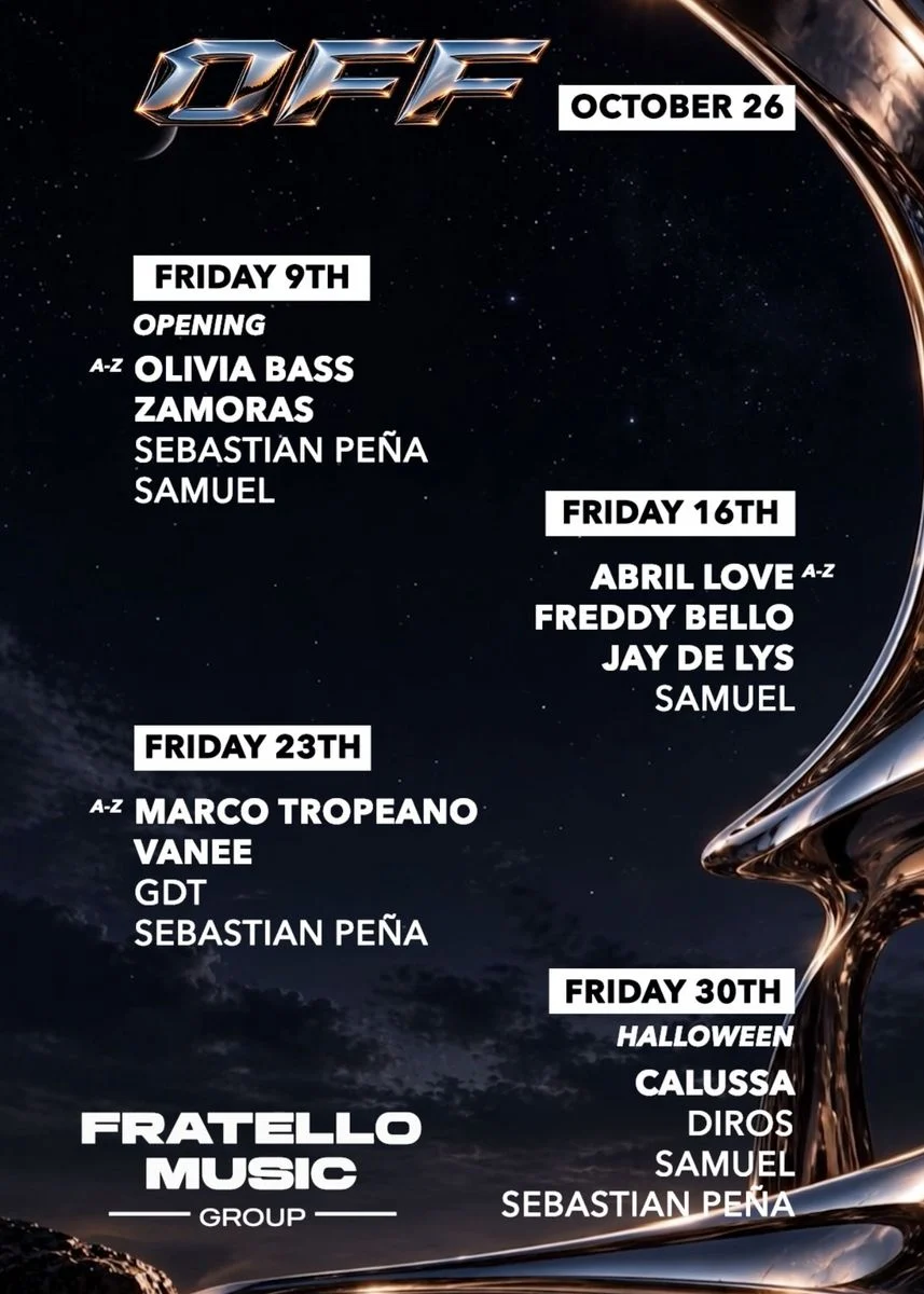 Cartel de OFF & FRATELLO PRES JAY DE LYS, ABRIL LOVE, FREDDY BELLO AT NIX: 16 de octubre de 2026 en NIX Barcelon, Barcelona