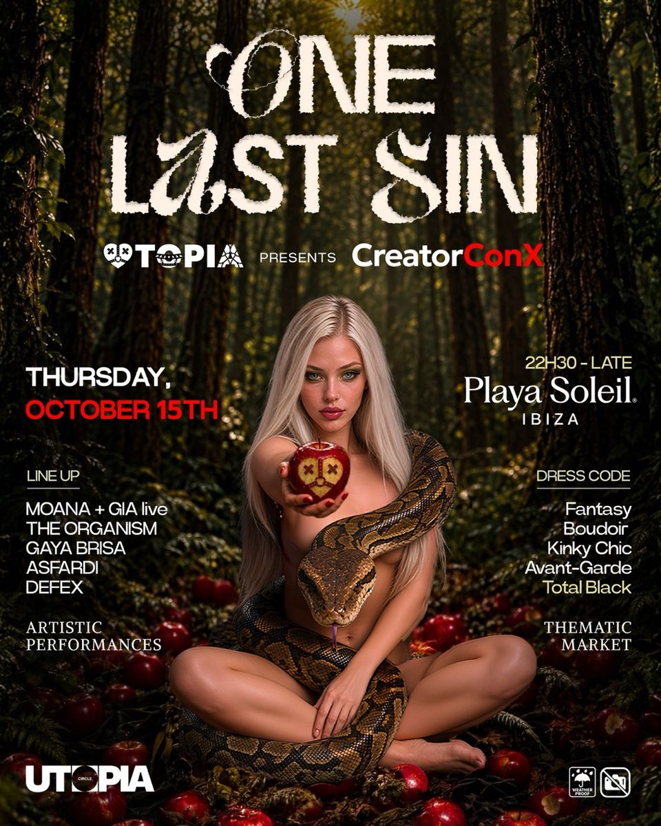 Cartel de ONE LAST SIN – UTOPIA: 15 de octubre de 2026 en Playa Soleil Ibiza, Ibiza