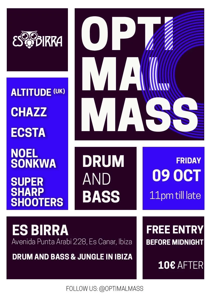 Cartel de OPTIMAL MASS – DRUM & BASS + JUNGLE: 9 de octubre de 2026 en Esbirra Ibiza, es Canar