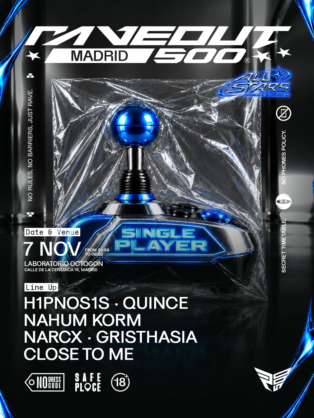 Cartel de RAVEOUT500: 'ALLSTARS' SINGLE PLAYER: 7 de noviembre de 2026 en Madrid con Narcx