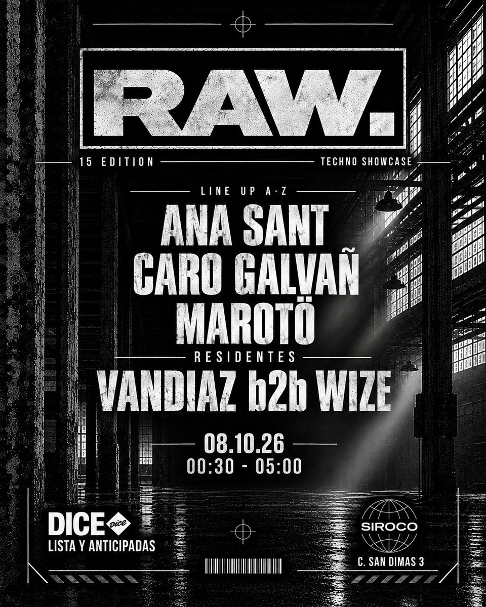 Cartel de RAW: 8 de octubre de 2026 en Sala Siroco, Madrid con Vandiaz y Wize