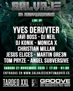Cartel de SALVAJE 3 ANIVERSARIO EN GROOVE: 21 de noviembre de 2026 en Sala Groove, Madrid