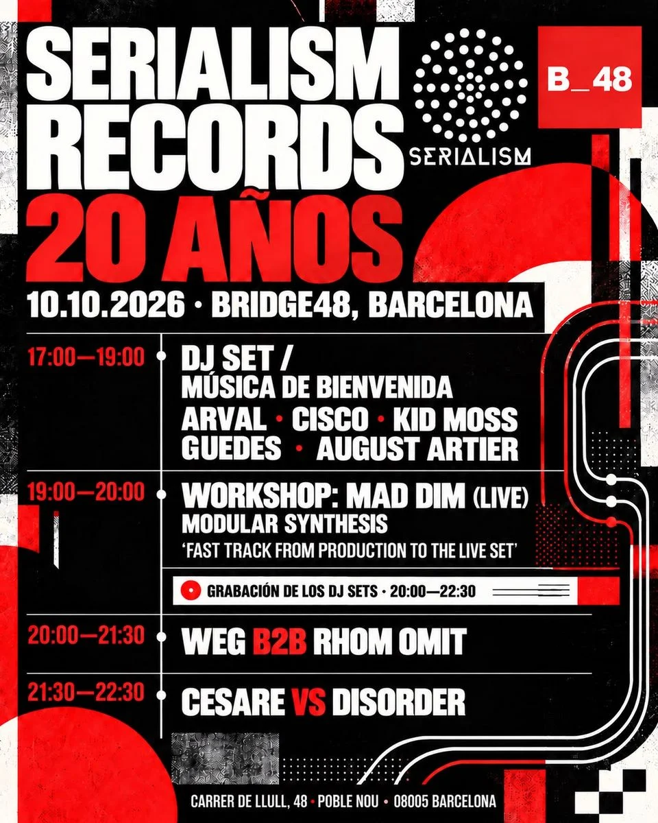 Cartel de SERIALISM RECORDS 20 AÑOS: 10 de octubre de 2026 en Bridge 48, Barcelona con Cisco