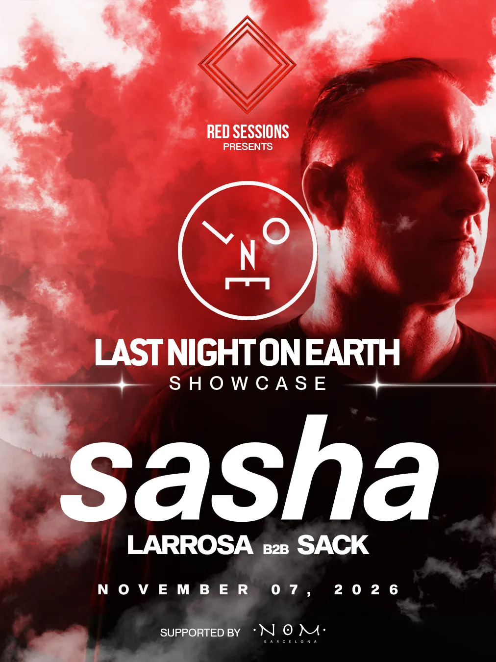 Cartel de THE LEGENDARY SASHA – LAST NIGHT ON EARTH SHOWCASE BY RED SESSIONS: 7 de noviembre de 2026 en Barcelona