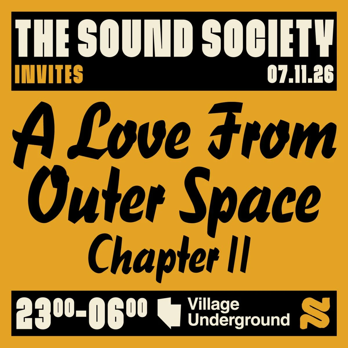 Cartel de THE SOUND SOCIETY: A LOVE FROM OUTER SPACE CHAPTER II: 7 de noviembre de 2026 en Village Underground Barcelona, Ba…