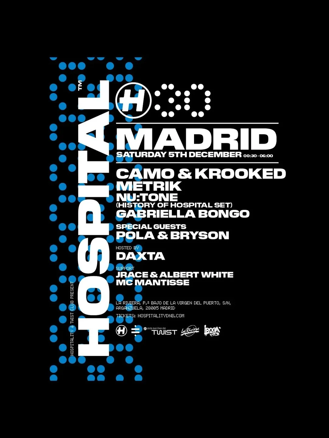 Cartel TWIST CLUB E IBOGA PRESENT: HOSPITALITY 30TH ANNIVERSARY MADRID / 5 de diciembre / La Riviera, Madrid