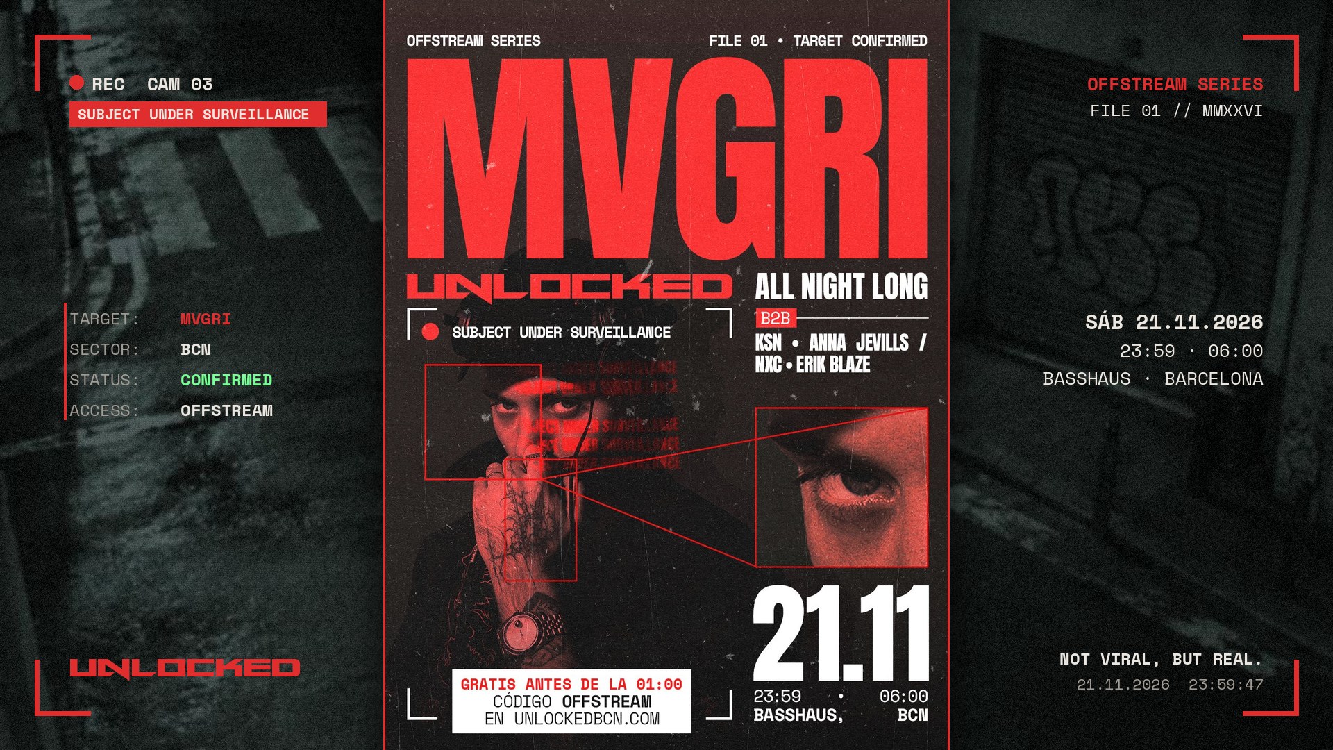 Cartel de UNLOCKED PRES. MVGRI (ANL): 21 de noviembre de 2026 en Barcelona con MVGRI y Anna Jevills