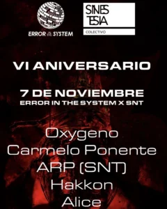 Cartel de VL ANIVERSARIO SINESTESIA X ERROR IN THE SYSTEM