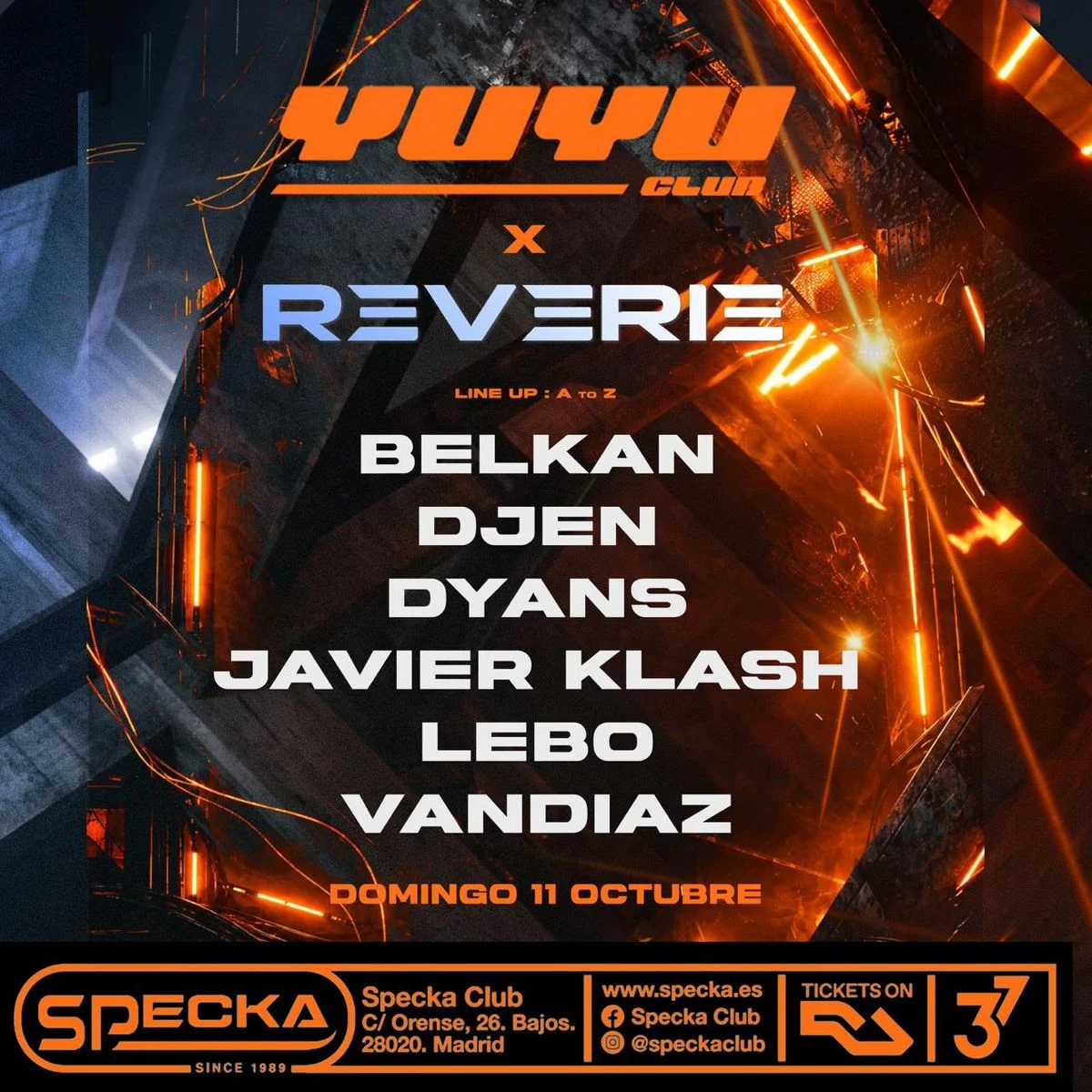 Cartel de YUYU X REVERIE I SPECKA CLUB: 11 de octubre de 2026 en Specka, Madrid