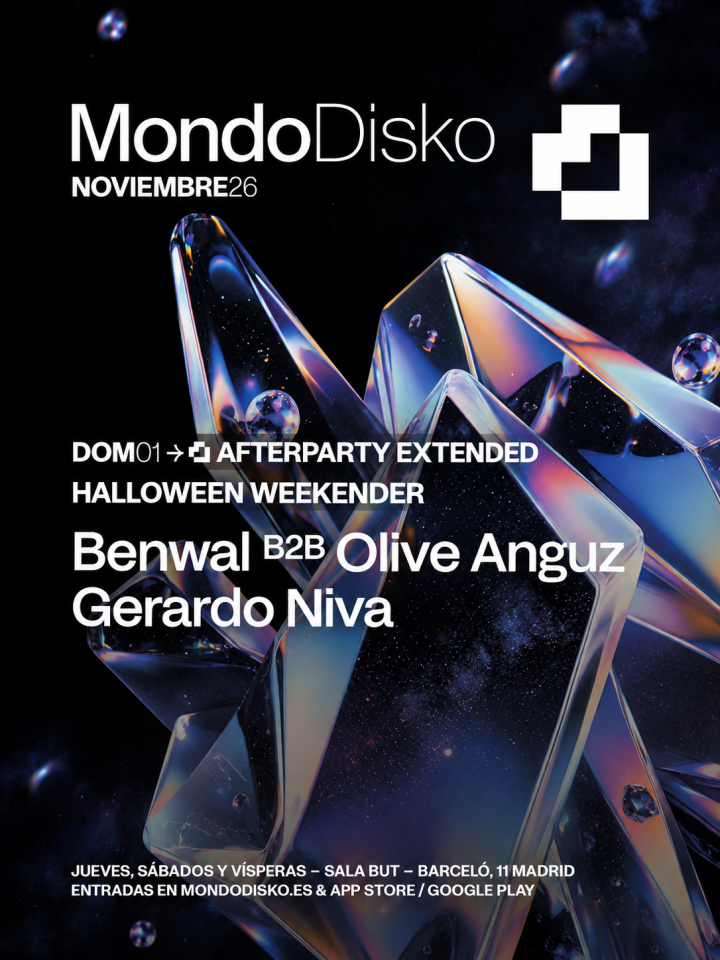 Mondo Disko Afterparty Extended llega el 1 de noviembre a Sala But, Madrid, con Benwal B2B Olive Anguz y Gerardo Niva.