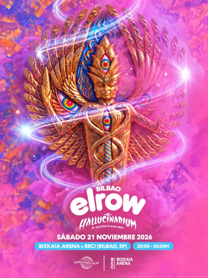 Cartel de elrow Bilbao Hallucinarium: 21 de noviembre de 2026 en Bizkaia Arena, Bilbao con Hallucinarium