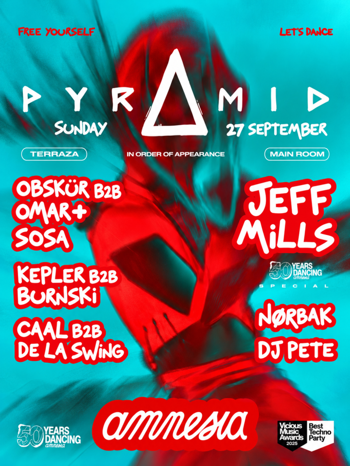 Pyramid celebra una nueva sesión en Amnesia Ibiza el domingo 27 de septiembre de 2026 con Jeff Mills, Nørbak, DJ Pete y más artistas.