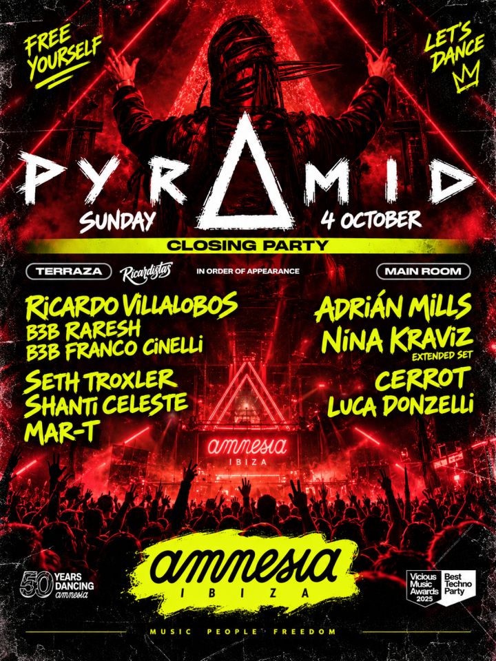Pyramid Closing Party celebra el cierre de temporada el 4 de octubre en Amnesia Ibiza con Ricardo Villalobos, Raresh, Seth Troxler, Nina Kraviz y más.