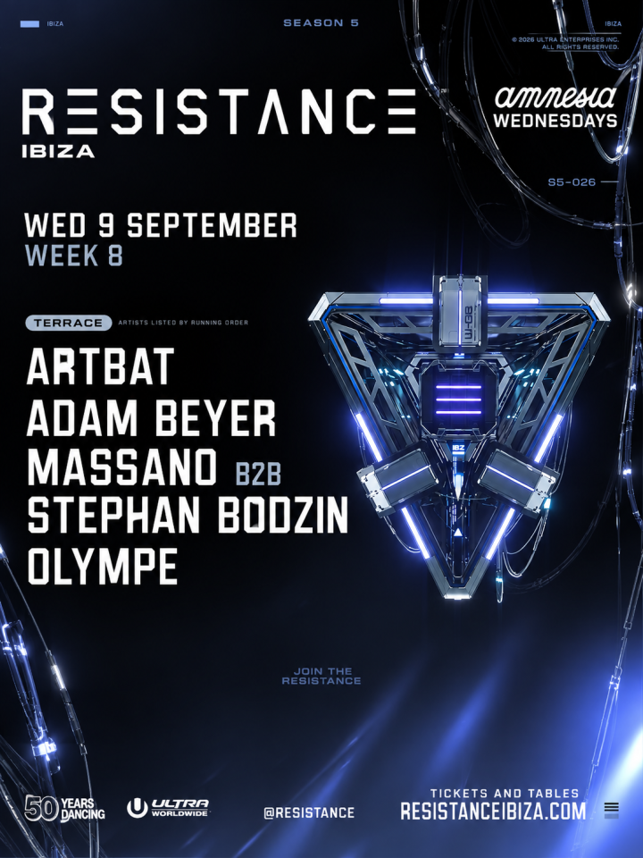 RESISTANCE Ibiza celebra su Week 8 en Amnesia el 9 de septiembre de 2026 con ARTBAT, Adam Beyer y Massano B2B Stephan Bodzin.