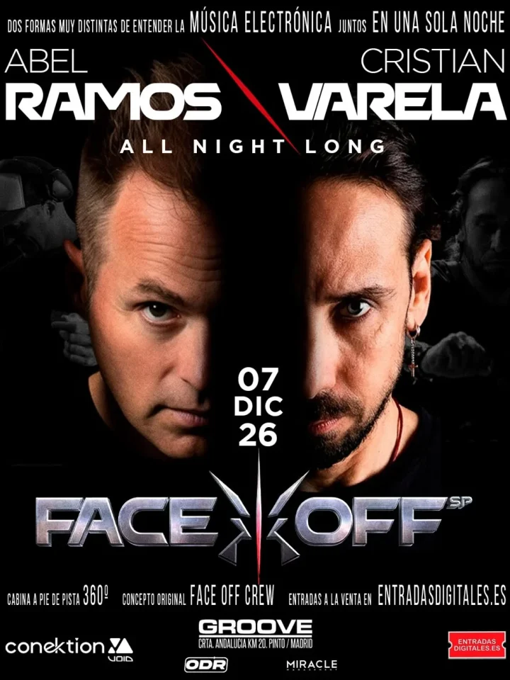 Cartel de FACE OFF: 7 de diciembre de 2026 en Sala Groove, Madrid con Cristian Varela y Abel Ramos