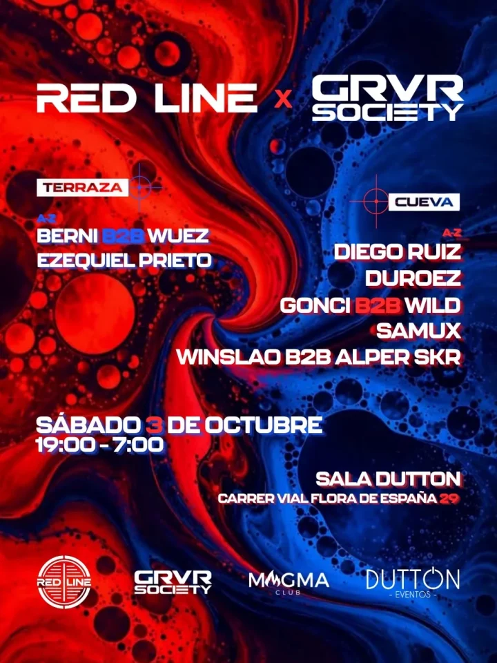 Cartel de RED LINE x GRVR SOCIETY: 3 de octubre de 2026 en Magma club (sala Dutton), San juan (alicante) con RED LINE