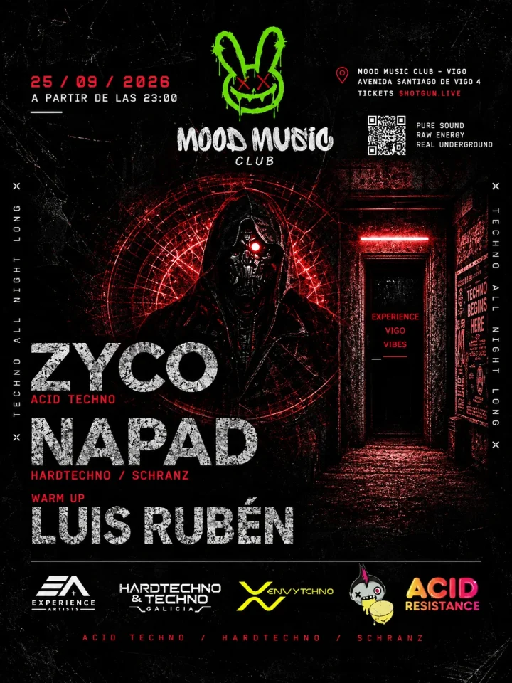 Cartel de ZYCO & NAPAD: 25 de septiembre de 2026 en Mood Music Club, Vigo con ZYCO y NAPAD