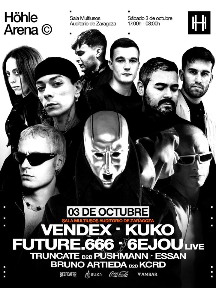 Cartel de Höhle Arena en Zaragoza con Vendex, KUKO, Future.666 y 6EJOU Live
