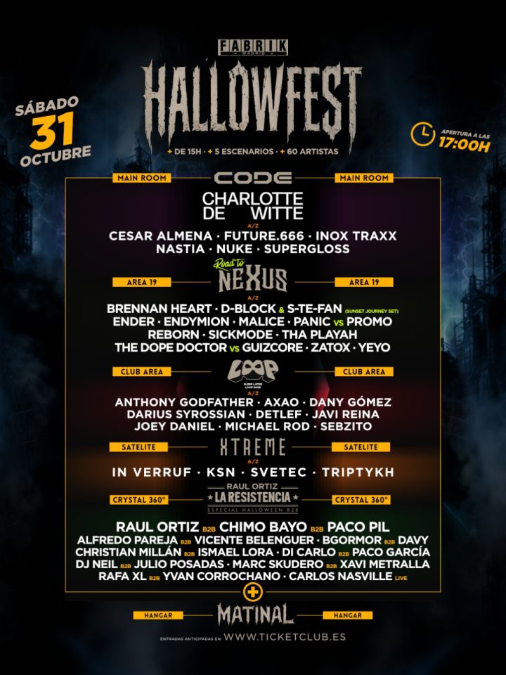 Hallowfest 2026 se celebra el 31 de octubre en Fabrik, Madrid, con más de 60 artistas, cinco escenarios y una programación que reúne Techno, Hardstyle, Hard Dance y Remember.