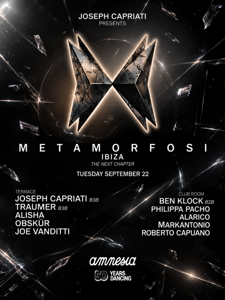Metamorfosi Ibiza presenta a Joseph Capriati, Traumer, Ben Klock B2B Philippa Pacho, Alarico y más artistas en Amnesia Ibiza el 22 de septiembre de 2026.