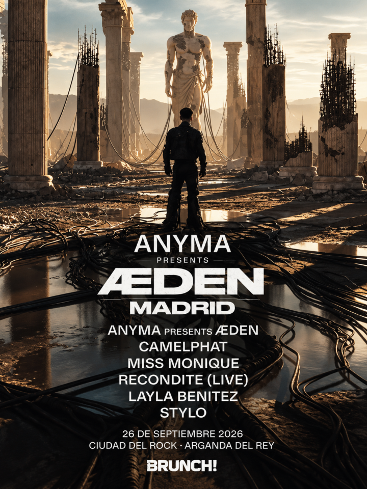 Cartel oficial de Anyma Presents Eden Madrid con una estética cinematográfica inspirada en un futuro postapocalíptico. La imagen muestra a una persona de espaldas contemplando una gigantesca estatua clásica rodeada por columnas en ruinas, cables y estructuras tecnológicas que fusionan elementos antiguos y futuristas. En el centro aparece el logotipo de Anyma Presents Eden, seguido del line up con CamelPhat, Miss Monique, Recondite (Live), Layla Benitez y Stylo. En la parte inferior se indica la fecha 26 de septiembre de 2026, el recinto Ciudad del Rock – Arganda del Rey y el logotipo de Brunch!. El diseño utiliza una paleta de tonos tierra, grises y dorados para transmitir una atmósfera épica, inmersiva y tecnológica, representativa del universo visual característico de Anyma.