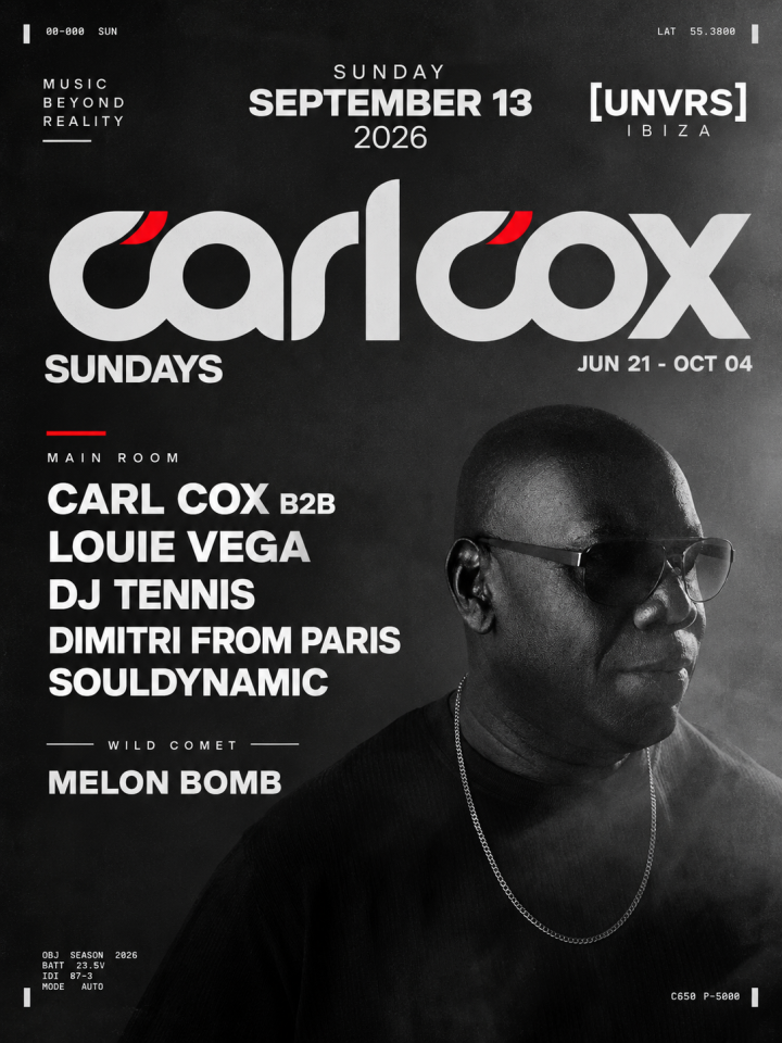 Carl Cox protagoniza el 13 de septiembre en [UNVRS], Ibiza, junto a Louie Vega, DJ Tennis, Dimitri From Paris y Souldynamic.