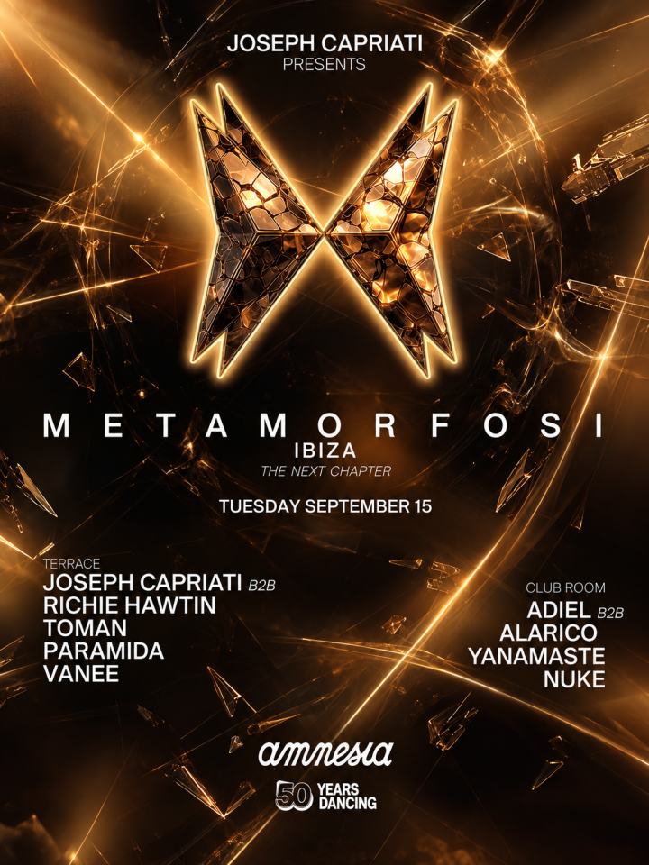 Metamorfosi Ibiza presenta a Joseph Capriati, Richie Hawtin, Toman, Paramida, Adiel, Alarico y más artistas en Amnesia el 15 de septiembre de 2026.