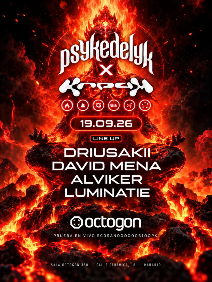PSYKEDELYK X KREAM – Fire Walkers llega el 19 de septiembre a Octogon 360, Madrid, con Driusakii, David Mena, Alviker y Luminatie.