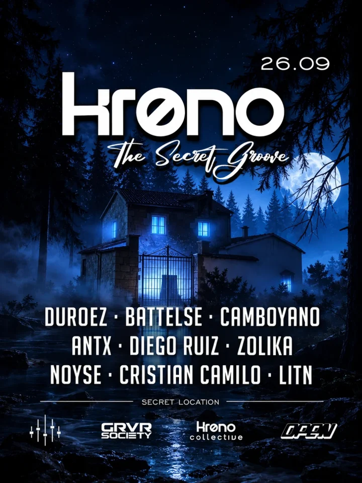 Cartel de KRØNO – THE SECRET GROOVE VOL.2: 26 de septiembre de 2026 en Secret Location, Alicante con DUROEZ y BATTELSE