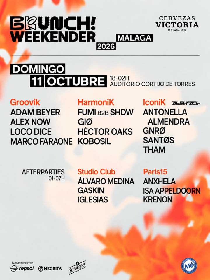 Brunch! Weekender 2026 celebra su jornada del domingo el 11 de octubre en Auditorio Cortijo de Torres, Málaga, con Adam Beyer, Loco Dice, Marco Faraone y Kobosil.
