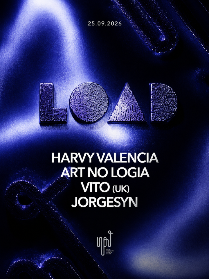Cartel promocional de estética minimalista y futurista, dominado por una paleta de tonos azules, negros y blancos con iluminación difusa y efectos metálicos. En la parte superior destaca el logotipo de LOAD, mientras que en el centro aparece el line up formado por Harvy Valencia, Art No Logia, Vito (UK) y Jorgesyn en tipografía blanca de gran tamaño. En la parte inferior se encuentra el logotipo de Input High Fidelity Dance Club. El diseño apuesta por una composición limpia y elegante, transmitiendo una atmósfera sofisticada y contemporánea, propia de los eventos de música electrónica y techno celebrados en Barcelona.
