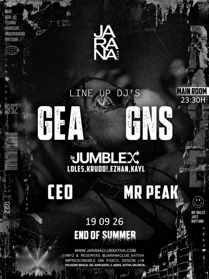 Jarana Club celebra su End of Summer el 19 de septiembre en Xàtiva, Valencia, con GEA, GNS, La Jumble, CEO y Mr Peak.