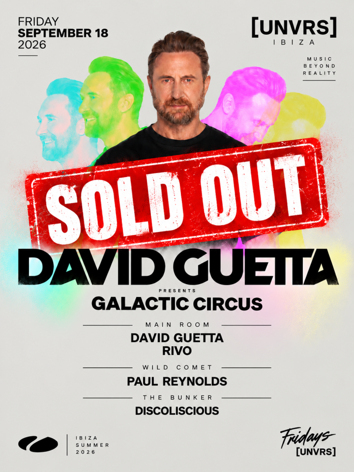 David Guetta Presents Galactic Circus llega el 18 de septiembre a [UNVRS], Ibiza, junto a Rivo, Paul Reynolds y Discoliscious.