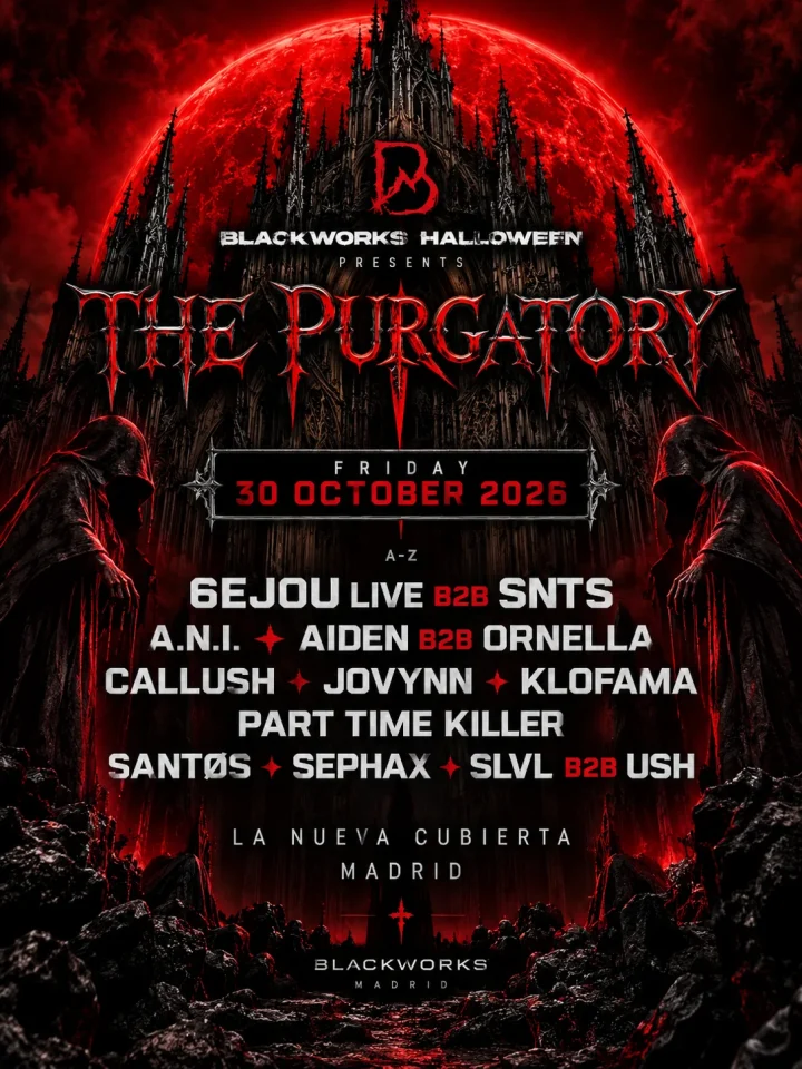 Cartel de BLACKWORKS HALLOWEEN: THE PURGATORY: 30 de octubre de 2026 en La Nueva Cubierta, Madrid con SNTS y Aiden